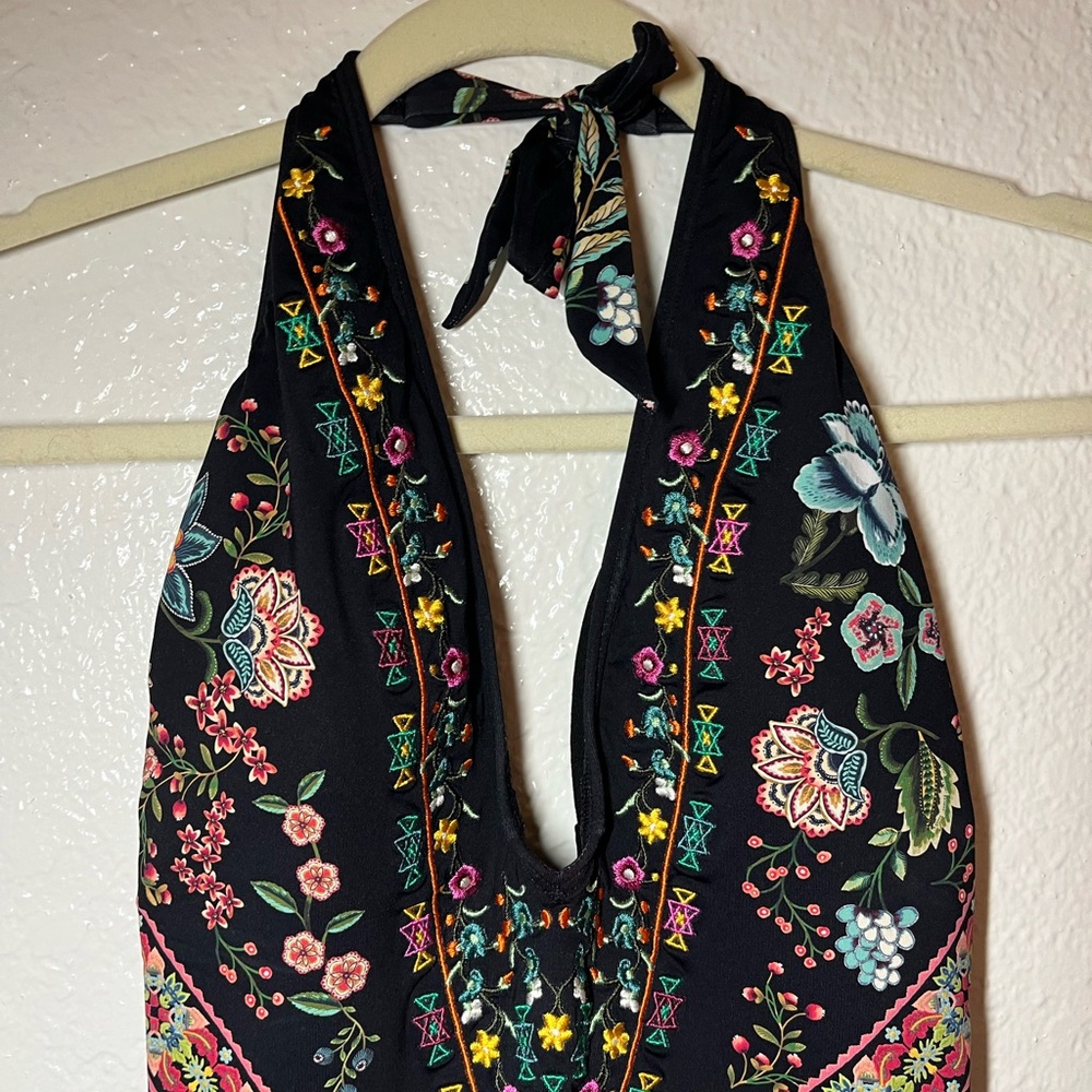 Johnny Was Ardem halter black floral embroidered one piece swimsuit size medium - Picture 3 of 6